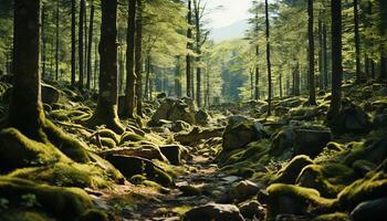 ai generato tranquillo scena di verde alberi nel il foresta generato di ai foto