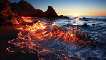 ai generato tramonto al di sopra di acqua, onde schianto su roccioso costa generato di ai foto