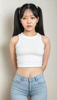 ai generato foto di bellissimo giovane asiatico donna con Ritaglia bianca superiore e jeans in piedi a bianca sfondo, generativo ai