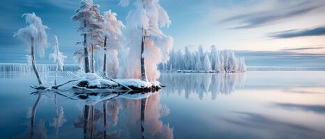 ai generato gelido alba a nevoso lago foto