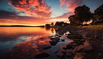 ai generato tranquillo scena, tramonto al di sopra di acqua, natura bellezza generato di ai foto