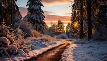 ai generato inverno paesaggio, neve coperto montagne, tranquillo pino alberi generato di ai foto