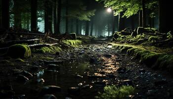 ai generato misterioso foresta, tranquillo scena, buio fogliame, bagnato sentiero generato di ai foto