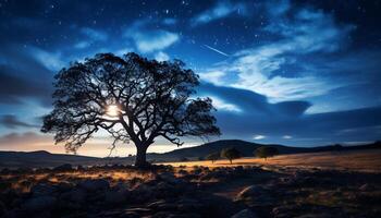 ai generato silhouette di albero contro blu cielo a crepuscolo generato di ai foto