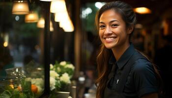 ai generato sorridente donna guardare a telecamera nel caffè negozio generato di ai foto