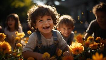 ai generato sorridente ragazzi giocando all'aperto, godendo natura allegro bellezza generato di ai foto