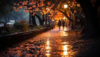 ai generato autunno crepuscolo, illuminato città vita, uomini a piedi generato di ai foto