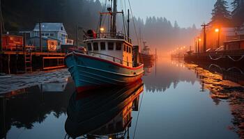 ai generato pesca barca ormeggiato a commerciale molo, tranquillo tramonto generato di ai foto