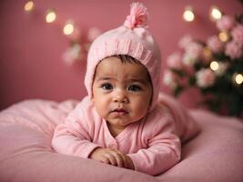 ai generato carino poco nuovo Nato bambino ragazza nel rosa ritratto sfondo, adorabile bambino che fa i primi passi, sfondo, foto