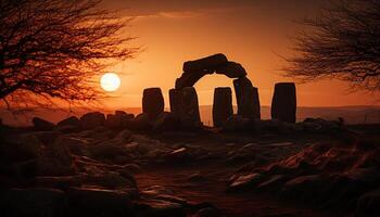 ai generato antico rovine silhouette contro crepuscolo cielo, misterioso storia generato di ai foto