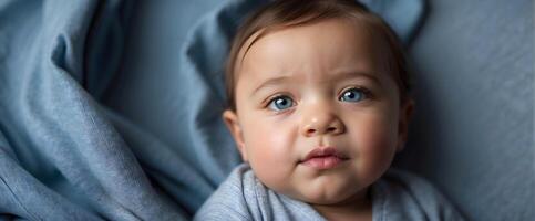 ai generato carino poco nuovo Nato bambino ragazzo blu occhi ritratto sfondo, adorabile bambino che fa i primi passi, sfondo, foto