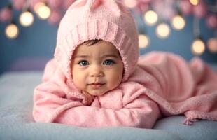 ai generato carino poco nuovo Nato bambino ragazza nel rosa ritratto sfondo, adorabile bambino che fa i primi passi, sfondo, foto