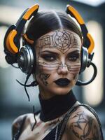 ai generato ritratto di bellissimo informatica punk giovane tatuato donna, futuristico moda concetto foto