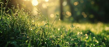 ai generato presto mattina leggero catture il rugiada gocce su lussureggiante verde erba, la creazione di un' tranquillo e rinfrescante scena foto