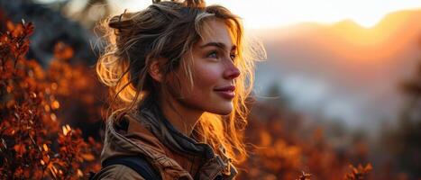 ai generato avvicinamento di un' giovane donna con mossa dal vento capelli e un' tranquillo, calmo espressione, godendo un' bellissimo autunno tramonto nel natura foto