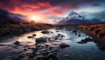 ai generato maestoso montagna picco riflette tranquillo tramonto su acqua generato di ai foto