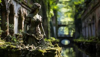 ai generato antico scultura nel formale giardino rappresenta spiritualità generato di ai foto