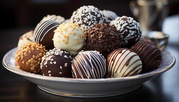 ai generato buongustaio cioccolato tartufo collezione, indulgenza nel dolcezza generato di ai foto