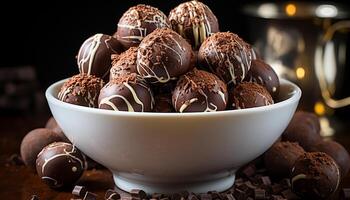 ai generato buongustaio cioccolato tartufo sfera, indulgenza su legna generato di ai foto