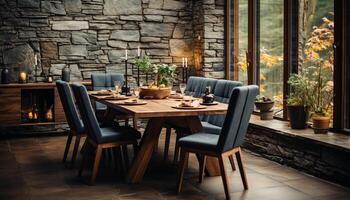 ai generato confortevole sedia nel moderno cenare camera con legna pavimentazione generato di ai foto