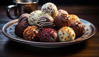 ai generato buongustaio cioccolato tartufo palla su di legno tavolo generato di ai foto