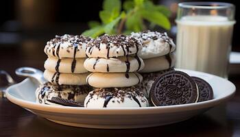 ai generato buongustaio cioccolato dolce su di legno tavolo, vicino su generato di ai foto