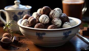 ai generato buongustaio cioccolato dolce su di legno tavolo, indulgenza generato di ai foto