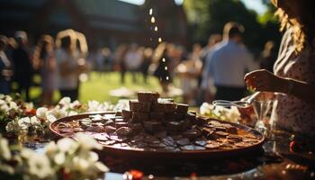 ai generato uomini cucinando all'aperto, buongustaio pasto, dolce cibo generato di ai foto