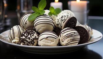 ai generato buongustaio dolce piatto con cioccolato tartufo e frutta generato di ai foto