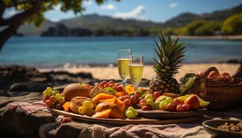 ai generato freschezza di estate frutta su picnic tavolo all'aperto generato di ai foto