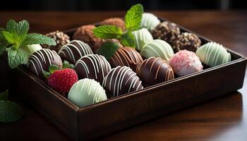 ai generato buongustaio cioccolato tartufo sfera, lampone, menta foglia generato di ai foto