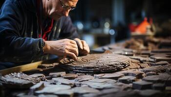 ai generato craftsperson Lavorando nel un' ceramica officina, modellare argilla su un' ruota generato di ai foto