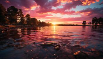 ai generato tramonto al di sopra di tranquillo acqua, natura bellezza riflessa generato di ai foto