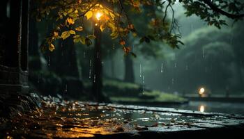 ai generato autunno albero nel buio foresta, nebbioso notte generato di ai foto