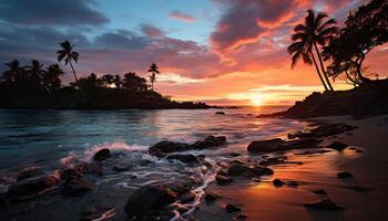 ai generato tropicale tramonto vernici tranquillo orizzonte al di sopra di acqua generato di ai foto