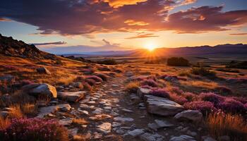 ai generato viola tramonto al di sopra di montagna picco, natura tranquillo bellezza generato di ai foto