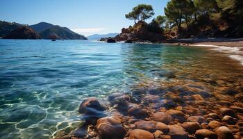 ai generato tranquillo scena di blu acque, sabbioso spiaggia generato di ai foto