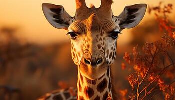 ai generato giraffa in piedi nel il savana, guardare a telecamera generato di ai foto