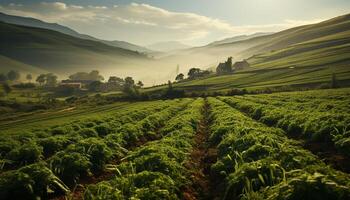 ai generato verde prato, albero, foglia, estate, erba, freschezza, tramonto generato di ai foto