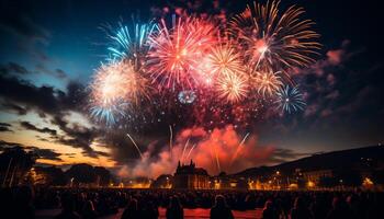 ai generato fuochi d'artificio illuminare il notte cielo, festeggiare un' vivace evento generato di ai foto