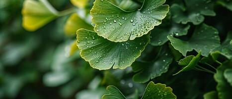 ai generato vivace ginkgo biloba le foglie nel variando occhiali da sole di verde creare un' lussureggiante e strutturato baldacchino foto