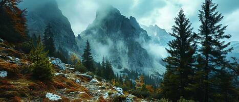 ai generato sole raggi penetrante attraverso nebbia al di sopra di un' foreste montagna foto