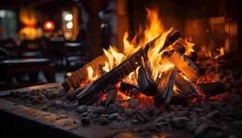 ai generato raggiante legna da ardere ardente luminosa, fornire confortevole rilassamento generato di ai foto