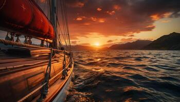 ai generato andare in barca yacht scivola su tranquillo tramonto acque generato di ai foto