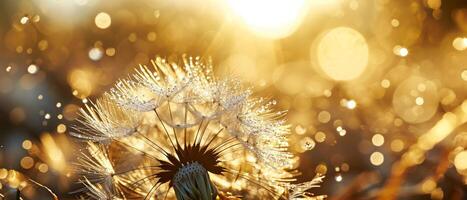 ai generato scintillante rugiada su dente di leone semi contro un' magico fondale di d'oro bokeh foto