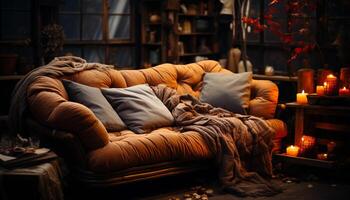 ai generato accogliente vivente camera con confortevole divano e cuscino generato di ai foto