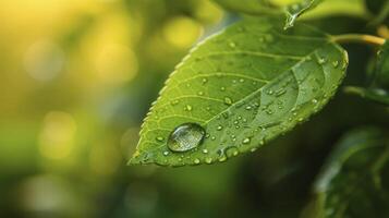 ai generato vivace verde foglia con scintillante acqua far cadere foto