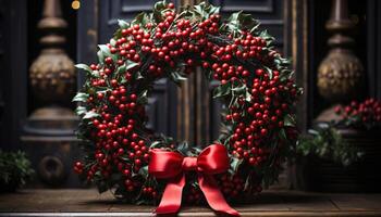 ai generato Natale ghirlanda su di legno porta, un' festivo tradizione generato di ai foto