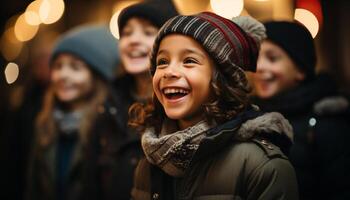 ai generato sorridente famiglia gode inverno, calore, e solidarieta generato di ai foto