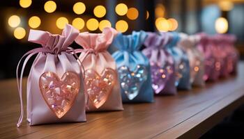 ai generato romantico nozze tavolo illuminato con raggiante cioccolato generato di ai foto